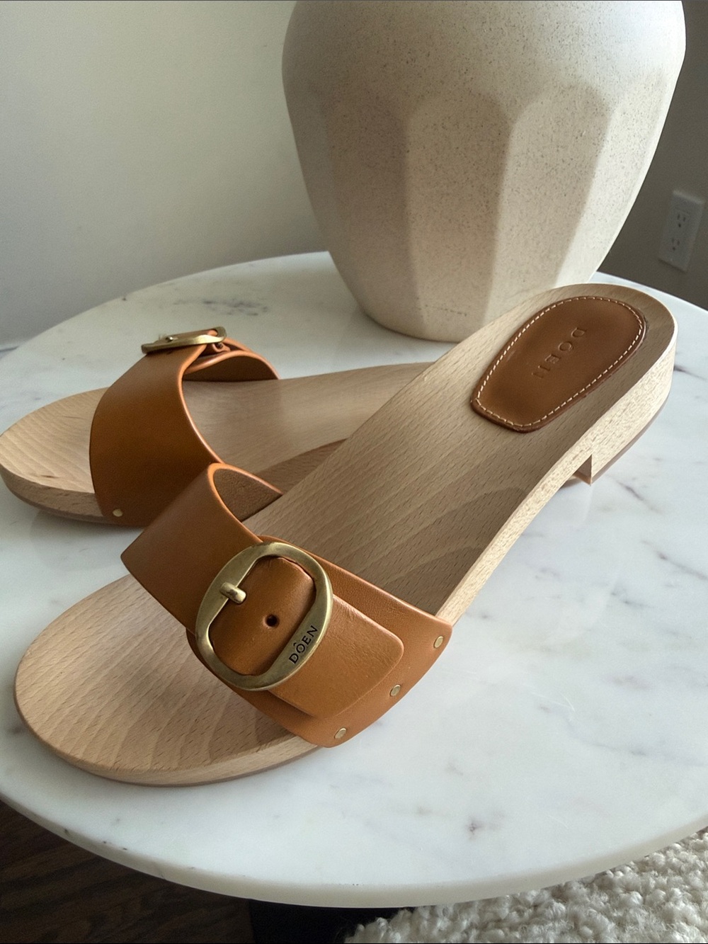 Doen Caramel Leather Slide Mules with Gold Buckles